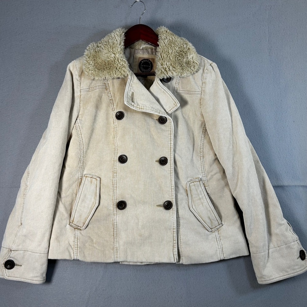 VTG Giacca Women Cream Tan Corduroy Peacoat Faux Fur Collar Y2K Quilted Size L